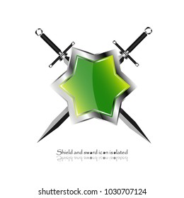 shield with crossed swords. Vector illustration isolated on white background, Military sword  ancient weapon design silhouette, European straight swords, vector illustration.