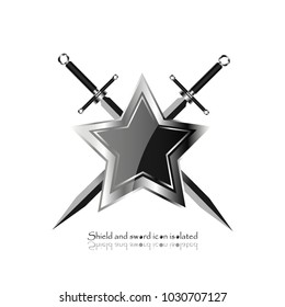 shield with crossed swords. Vector illustration isolated on white background, Military sword  ancient weapon design silhouette, European straight swords, vector illustration.