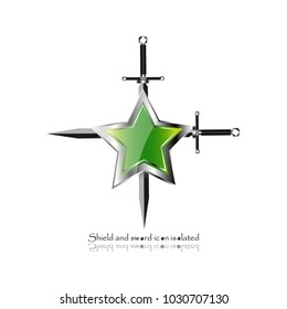 shield with crossed swords. Vector illustration isolated on white background, Military sword  ancient weapon design silhouette, European straight swords, vector illustration.