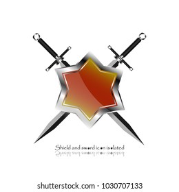 shield with crossed swords. Vector illustration isolated on white background, Military sword  ancient weapon design silhouette, European straight swords, vector illustration.