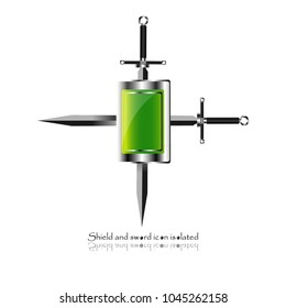 shield with crossed swords. Vector illustration isolated on white background, Military sword  ancient weapon design silhouette, European straight swords, vector illustration. 