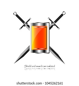 shield with crossed swords. Vector illustration isolated on white background, Military sword  ancient weapon design silhouette, European straight swords, vector illustration. 