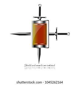 shield with crossed swords. Vector illustration isolated on white background, Military sword  ancient weapon design silhouette, European straight swords, vector illustration. 