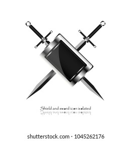shield with crossed swords. Vector illustration isolated on white background, Military sword  ancient weapon design silhouette, European straight swords, vector illustration. 