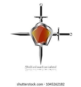 shield with crossed swords. Vector illustration isolated on white background, Military sword  ancient weapon design silhouette, European straight swords, vector illustration. 