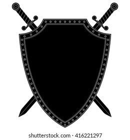Shield with crossed swords. Vector illustration isolated on white background