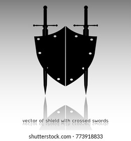 shield with crossed swords. Vector illustration isolated on white background, Military sword  ancient weapon design silhouette, European straight swords, vector illustration.