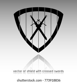 shield with crossed swords. Vector illustration isolated on white background, Military sword  ancient weapon design silhouette, European straight swords, vector illustration.