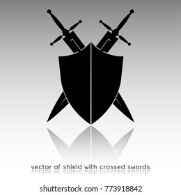 shield with crossed swords. Vector illustration isolated on white background, Military sword  ancient weapon design silhouette, European straight swords, vector illustration.