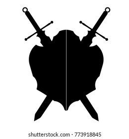 shield with crossed swords. Vector illustration isolated on white background, Military sword  ancient weapon design silhouette, European straight swords, vector illustration.