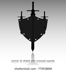 shield with crossed swords. Vector illustration isolated on white background, Military sword  ancient weapon design silhouette, European straight swords, vector illustration.
