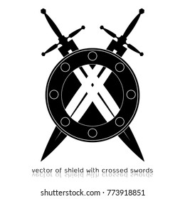 shield with crossed swords. Vector illustration isolated on white background, Military sword  ancient weapon design silhouette, European straight swords, vector illustration.
