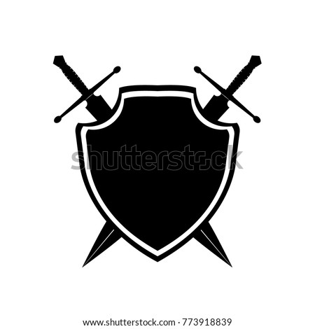 shield with crossed swords. Vector illustration isolated on white background, Military sword  ancient weapon design silhouette, European straight swords, vector illustration.