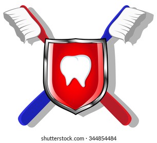 shield with crossed toothbrushes and image of tooth. vector illustration