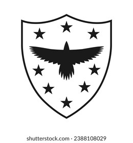 Schild und Krähen Symbol. Rabe und Sterne Wappen Symbol. Heraldry Logo-Zeichen. Vektorgrafik.