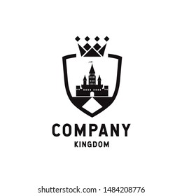 Shield crown logo design with kingdom silhouette inside