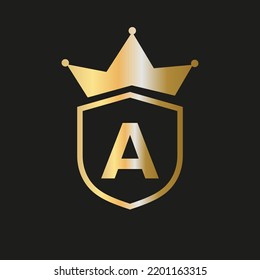 Shield Crown Logo On Letter A Vector Symbol With Elegant Gold Color