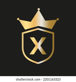 Shield Crown Logo On Letter X Vector Symbol With Elegant Gold Color