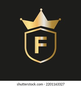 Shield Crown Logo On Letter F Vector Symbol With Elegant Gold Color