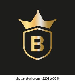 Shield Crown Logo On Letter B Vector Symbol With Elegant Gold Color