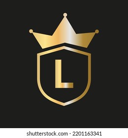 Shield Crown Logo On Letter L Vector Symbol With Elegant Gold Color
