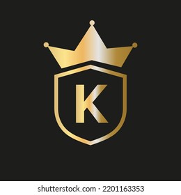 Shield Crown Logo On Letter K Vector Symbol With Elegant Gold Color