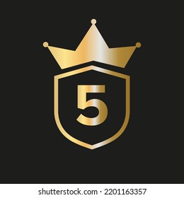 Shield Crown Logo On Letter 5 Vector Symbol With Elegant Gold Color