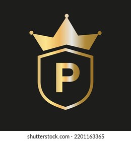 Logo De La Corona Escudo En La Letra P Símbolo Del Vector Con Color Elegante De Oro
