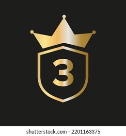 Shield Crown Logo On Letter 3 Vector Symbol With Elegant Gold Color