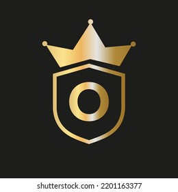 Shield Crown Logo On Letter O Vector Symbol With Elegant Gold Color