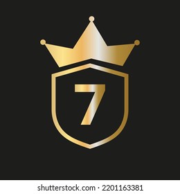 Shield Crown Logo On Letter 7 Vector Symbol With Elegant Gold Color