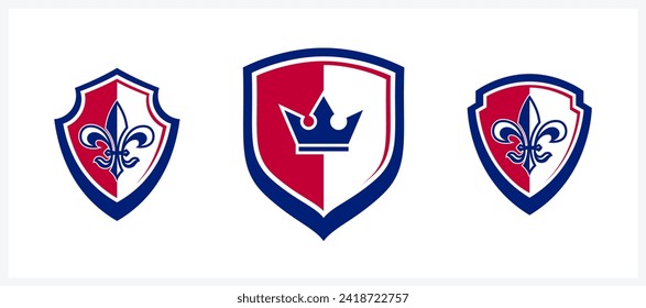 Shield with crown logos set vector, ammo protection symbol, royal power, insurance or guarantee.