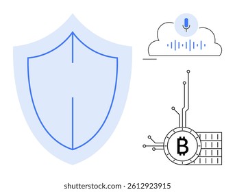 Shield, cryptocurrency symbol, and cloud with microphone. Ideal for cybersecurity, cryptocurrency, blockchain, voice recognition technology digital privacy. Clean lines, minimalist, modern