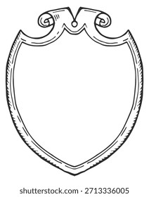 Um escudo com um desenho curvo e uma letra M sobre ele