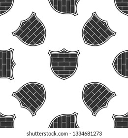 Shield with cyber security brick wall icon isolated seamless pattern on white background. Data protection symbol. Firewall logo. Network protection. Flat design. Vector Illustration
