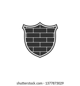 Shield with cyber security brick wall icon isolated. Data protection symbol. Firewall logo. Network protection. Flat design. Vector Illustration