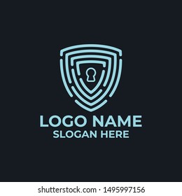 Shield cyber security logo design. Internet safety logotype and network protection vector illustration.