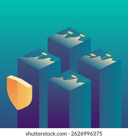 Proteja com blocos de dados, simbolizando a segurança e a proteção das informações. Ideal para temas relacionados à tecnologia, conceitos de segurança cibernética ou soluções digitais inovadoras. Ilustração isométrica vetorial.
