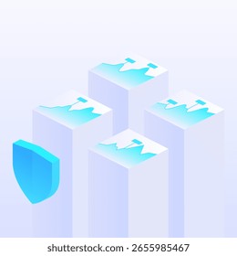 Proteja com blocos de dados, simbolizando a segurança e a proteção das informações. Ideal para temas relacionados à tecnologia, conceitos de segurança cibernética ou soluções digitais inovadoras. Ilustração isométrica vetorial.