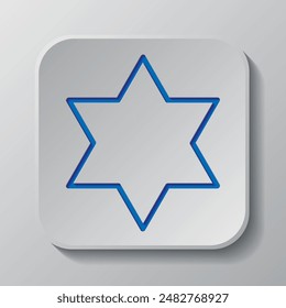 Shield of David simple icon vector. Flat design. Paper cut design. Cutted blue symbol with shadow. Gray badge button, gray background.ai