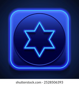 Shield of David simple icon vector. Flat design. Blue neon style on button. With shadow.ai