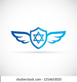 Shield Of David Vector Icon. Star Of David  Logo. Shield With Wings Logotype.