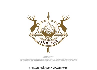 Shield Deer with Arrowhead Badge Emblem for Wilderness Hunting Adventure Logo Design Vector