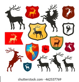 Shield With Deer, Reindeer, Stag Vector Logo. Coat Of Arms, Heraldry Set Icons