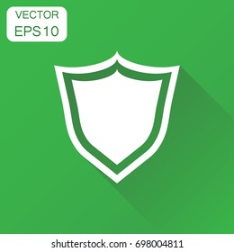 Shield defense icon. Business concept guard pictogram. Vector illustration on green background with long shadow.