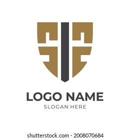 shield defense logo template with flat brown color style