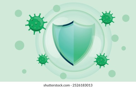 A shield deflecting virus or bacteria cells medical health concept, possibly for immunization or vaccination protection and herd immunity