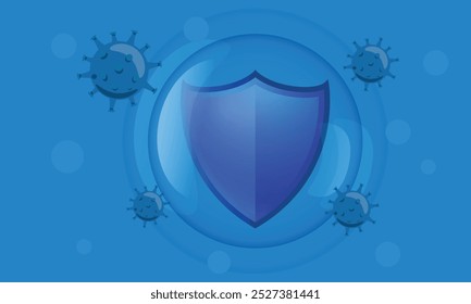 A shield deflecting virus or bacteria cells medical health concept, possibly for immunization or vaccination protection and herd immunity