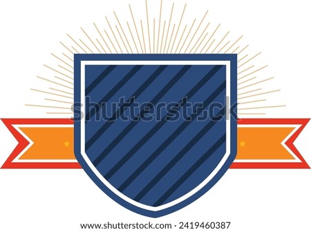 Shield design bursts with radiant lines, symbolizing strong protection. Diagonal stripes on blue shield with star on a bright ribbon imply security.
