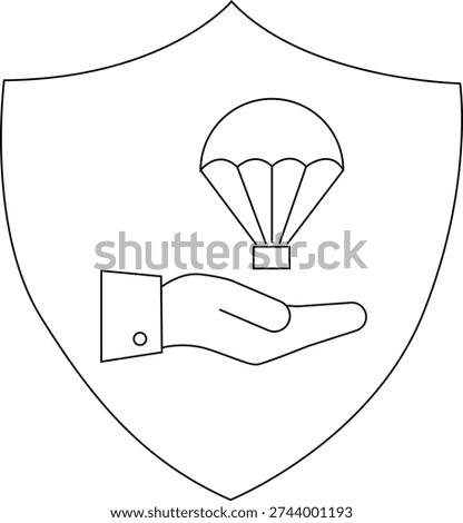 A shield design with a hand offering a parachute